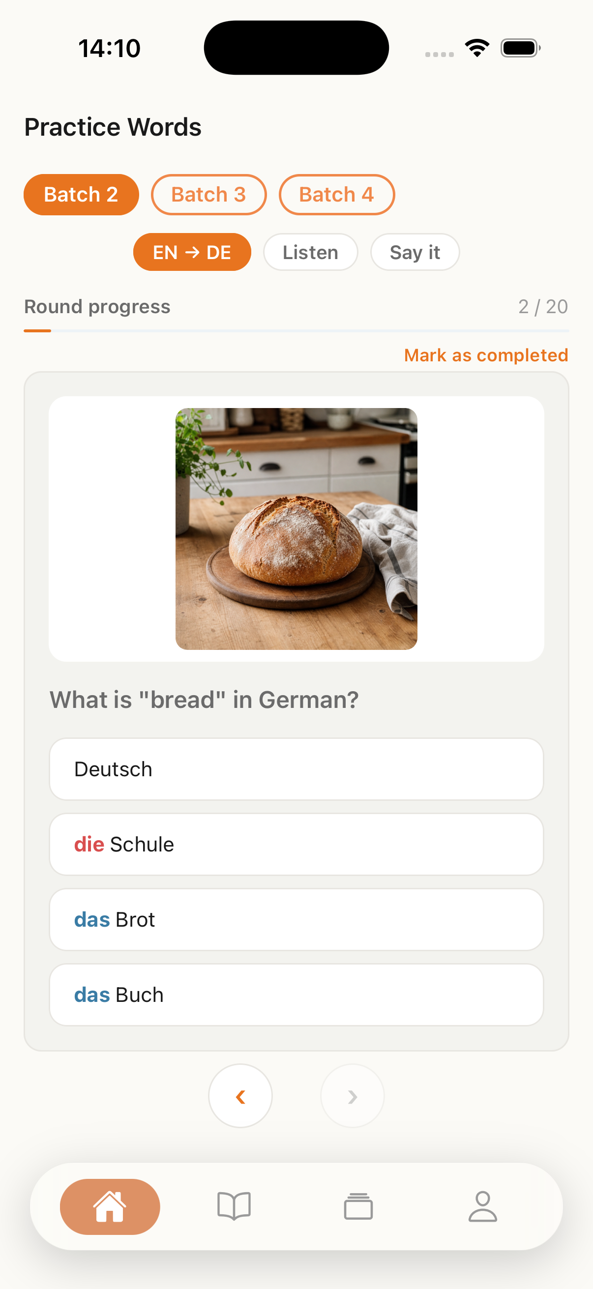 شاشة التدرّب على الكلمات في German with Levels